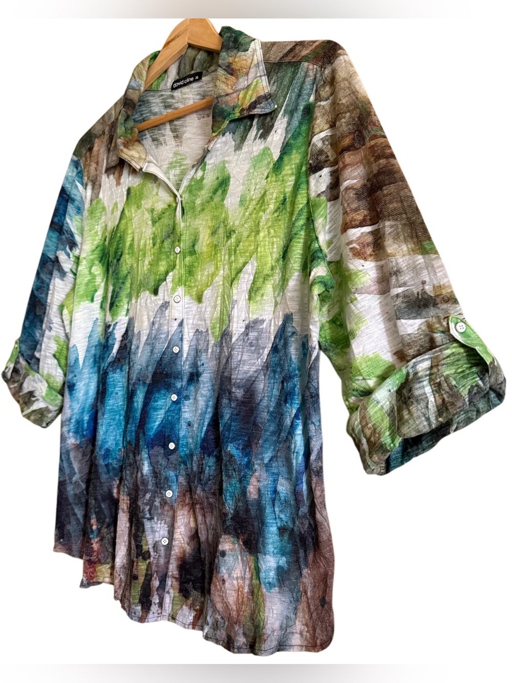 DAVID CLINE Abstract Colorful Art-To-Wear Lightweight Casual Artsy Blouse Sz XL - Picture 6 of 9
